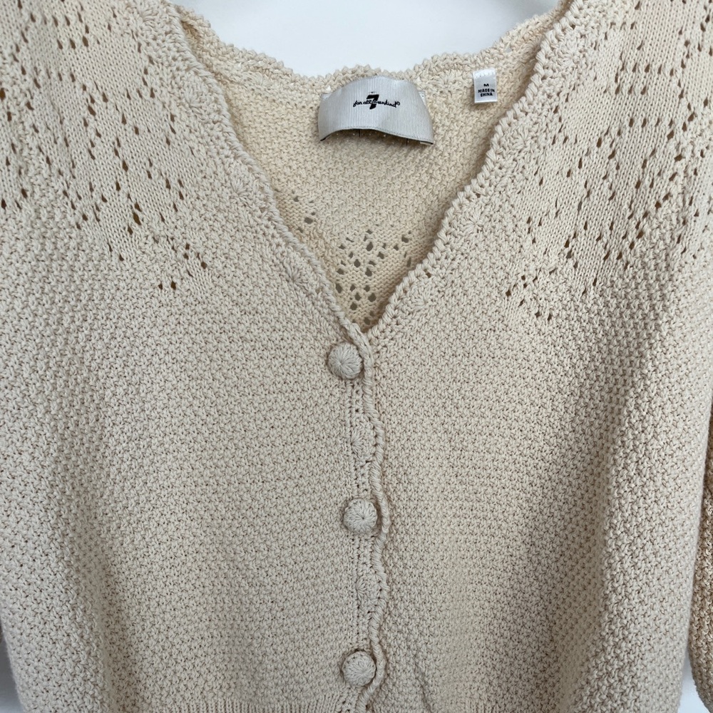 7 For All Mankind | Pointelle Peplum Cardigan / Blouse Women's Cream M - Picture 2 of 7